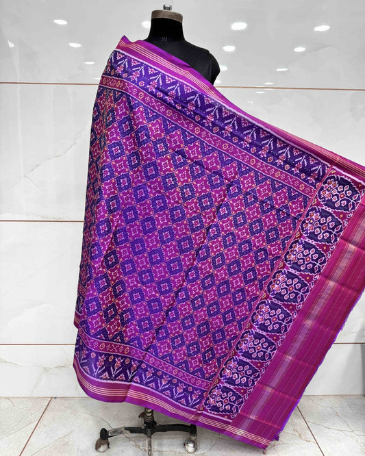 Purple Buttonful Semi Double Ikat Patola Dupatta - SindhoiPatolaArt