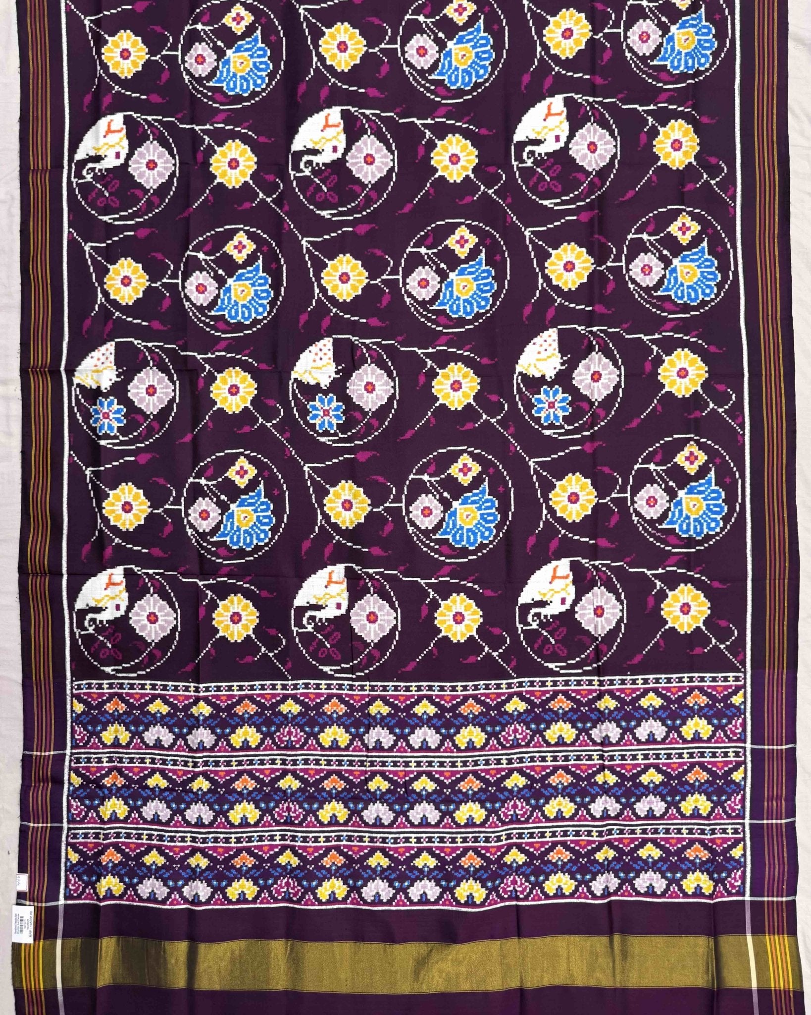 Purple Fancy Flower Figure Double Ikat Patola Saree - SindhoiPatolaArt