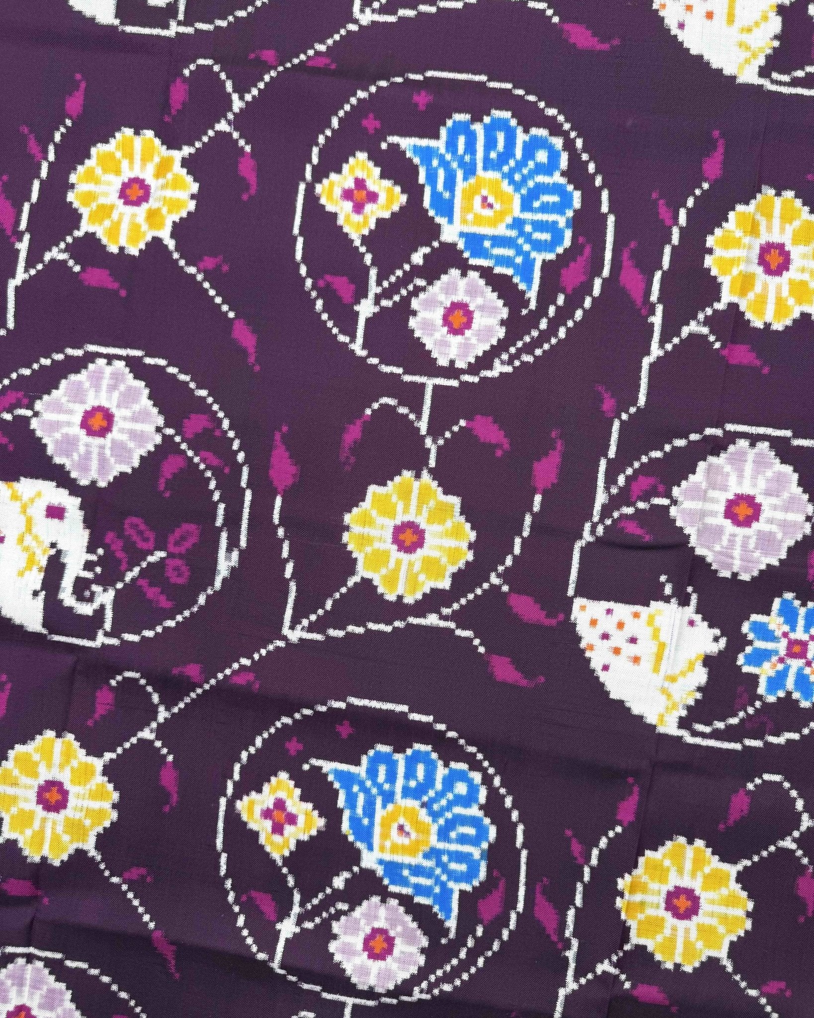 Purple Fancy Flower Figure Double Ikat Patola Saree - SindhoiPatolaArt