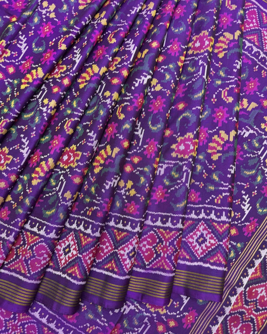 Purple Fancy Flower Semi Double Ikat Patola Saree - SindhoiPatolaArt