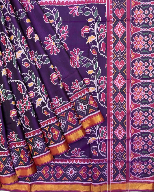 Purple Fancy Leaves Patola Saree - SindhoiPatolaArt