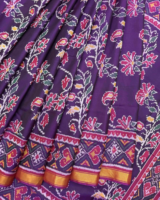 Purple Fancy Leaves Patola Saree - SindhoiPatolaArt