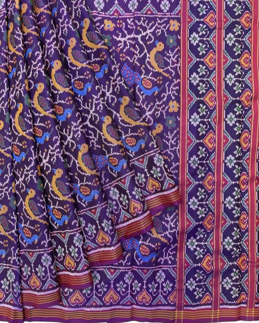 Purple Fancy Peacock Parrot Semi Double Ikat Patola Saree - SindhoiPatolaArt