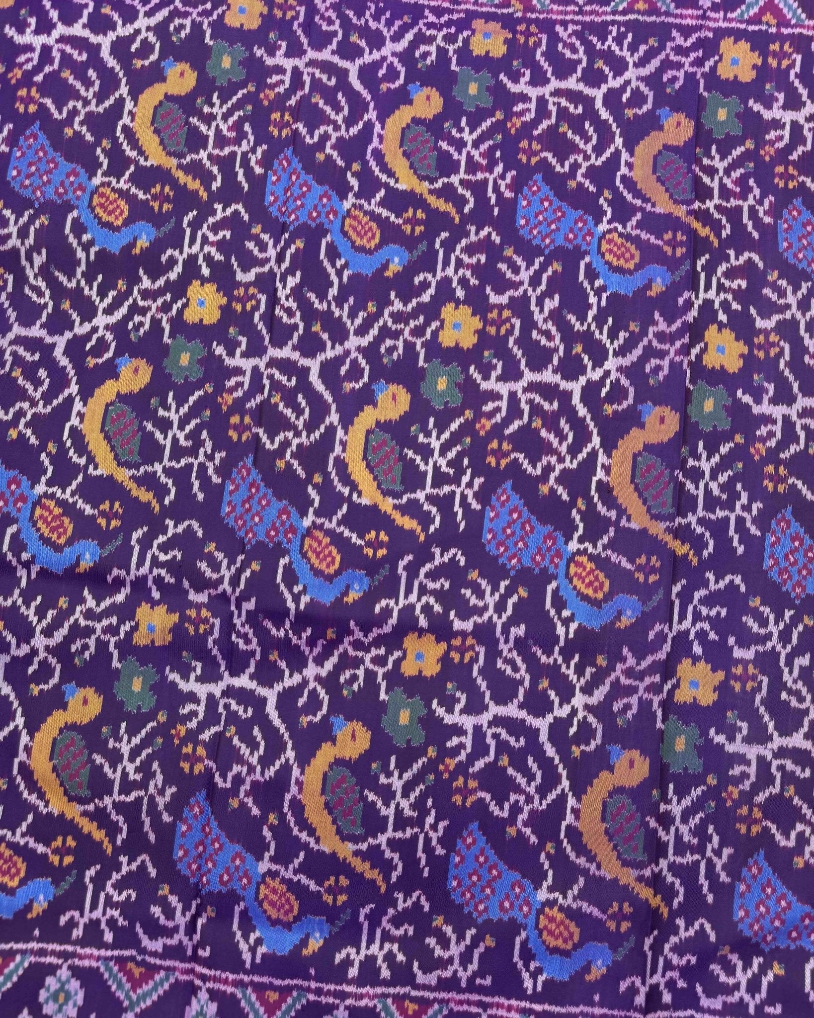 Purple Fancy Peacock Parrot Semi Double Ikat Patola Saree - SindhoiPatolaArt