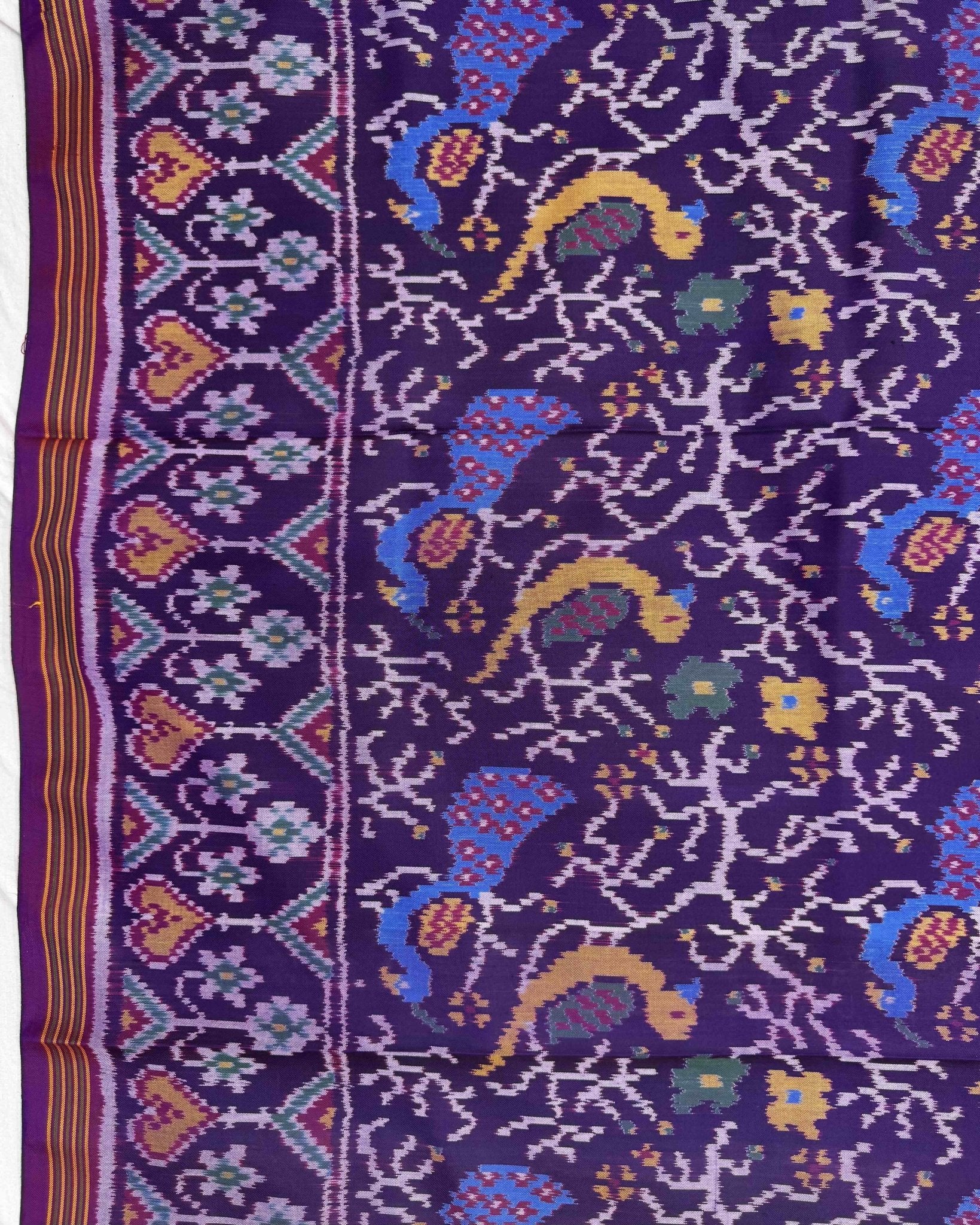 Purple Fancy Peacock Parrot Semi Double Ikat Patola Saree - SindhoiPatolaArt