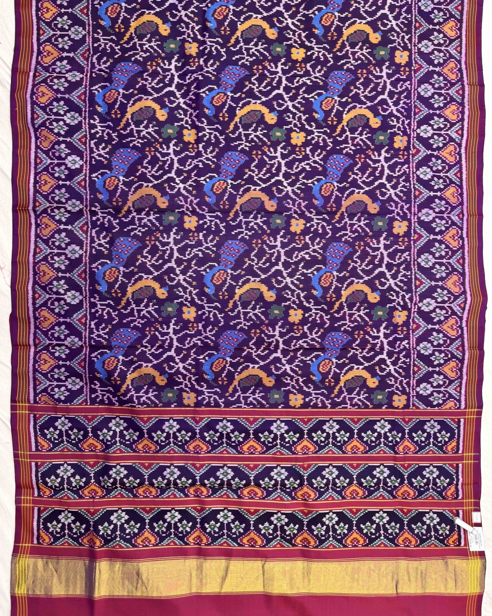 Purple Fancy Peacock Parrot Semi Double Ikat Patola Saree - SindhoiPatolaArt