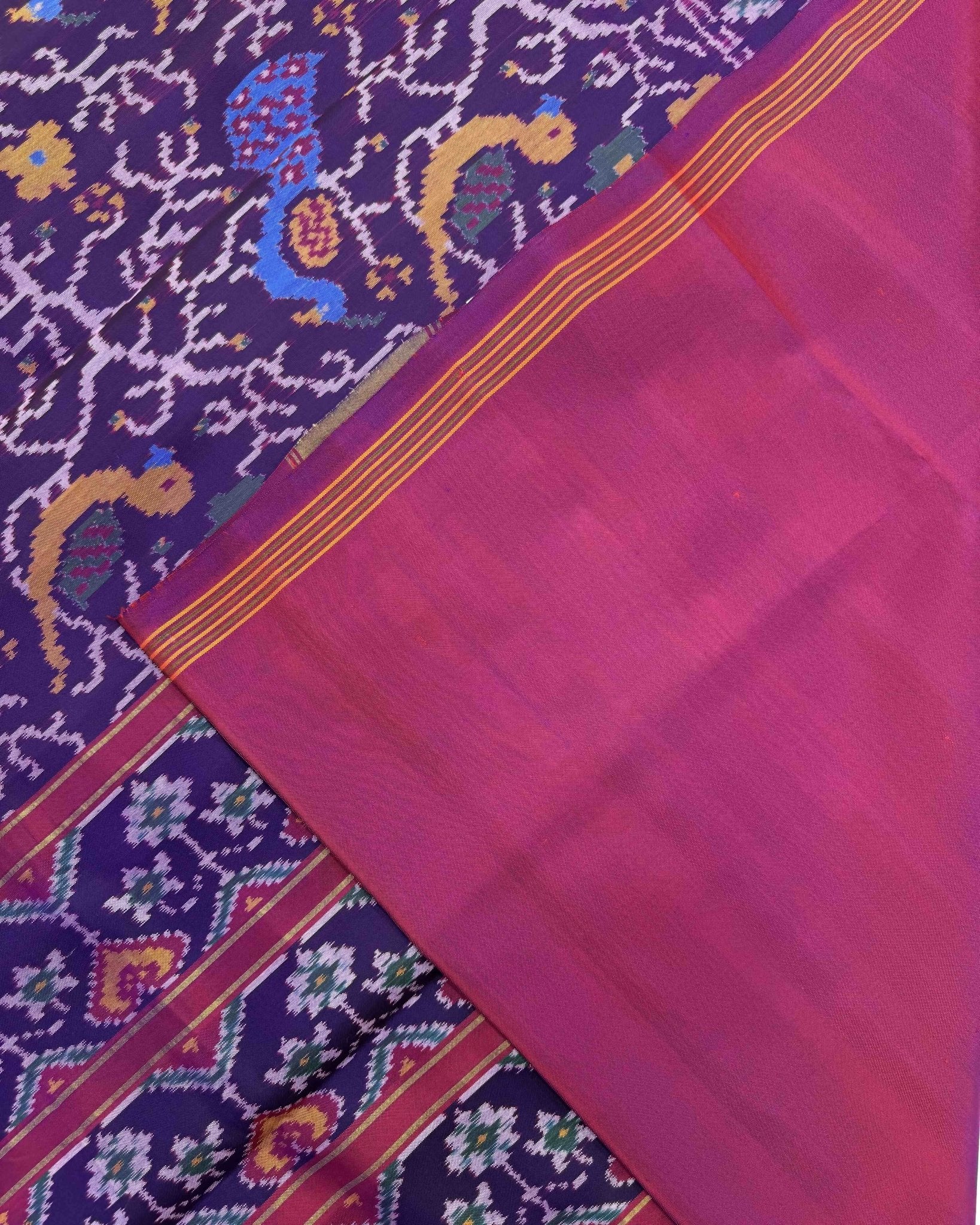 Purple Fancy Peacock Parrot Semi Double Ikat Patola Saree - SindhoiPatolaArt