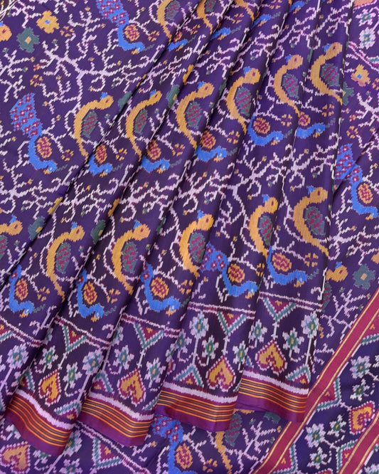 Purple Fancy Peacock Parrot Semi Double Ikat Patola Saree - SindhoiPatolaArt