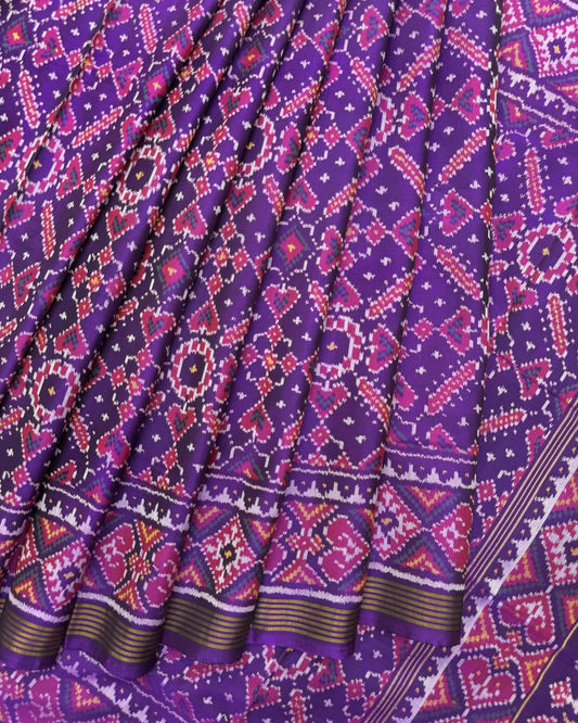 Purple Manekchowk Semi Double Ikat Patola Saree - SindhoiPatolaArt