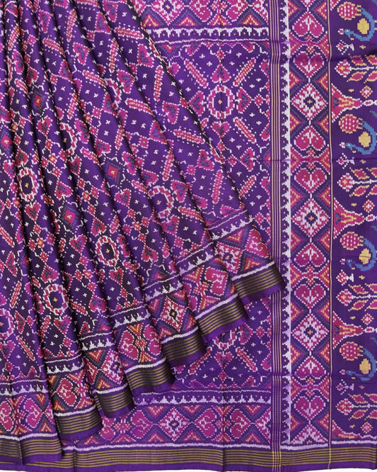 Purple Manekchowk Semi Double Ikat Patola Saree - SindhoiPatolaArt