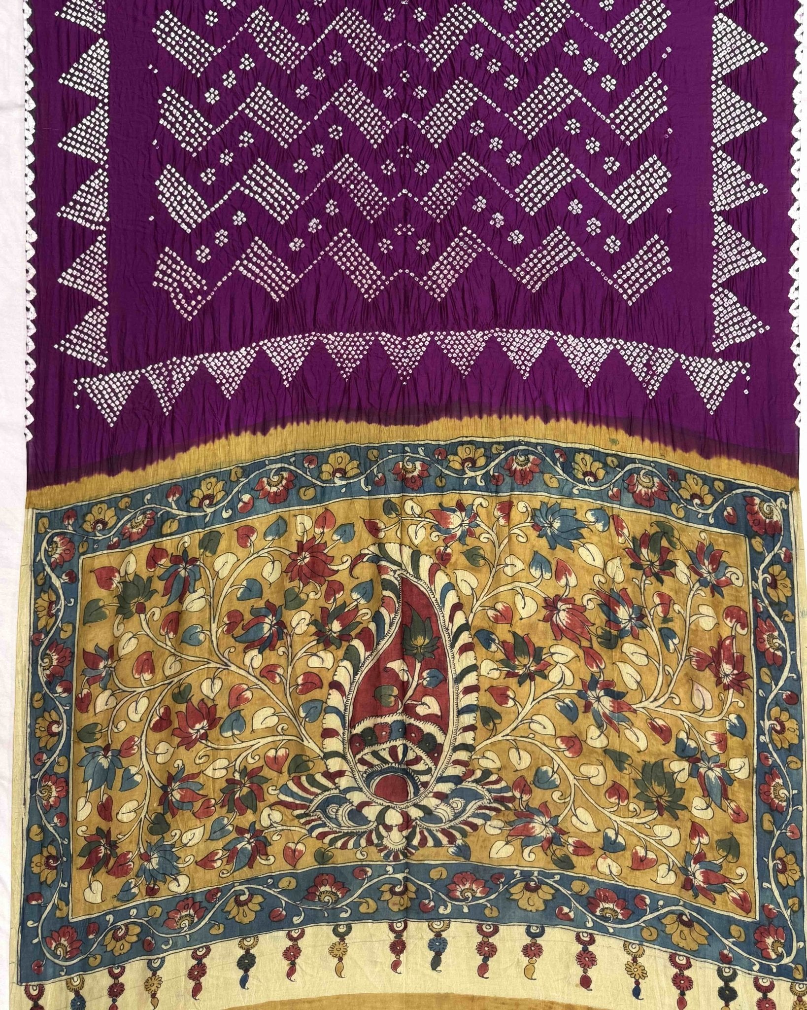 Purple Muga Silk Pen Kamalkari Bandhani Saree - SindhoiPatolaArt