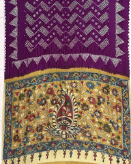 Purple Muga Silk Pen Kamalkari Bandhani Saree - SindhoiPatolaArt