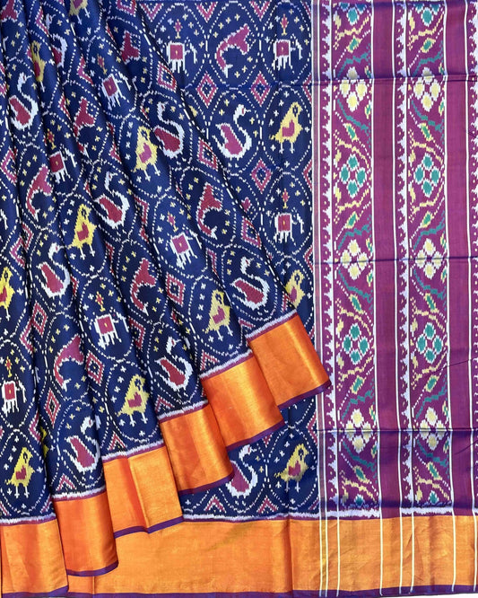 Purple & Navy Blue Circle Narikunj Patola Saree - SindhoiPatolaArt