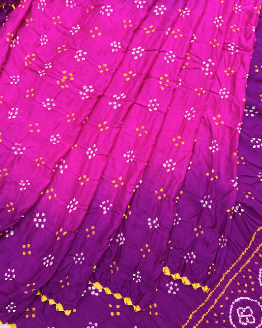 Purple & Pink Gajji Silk Bandhani Saree - SindhoiPatolaArt