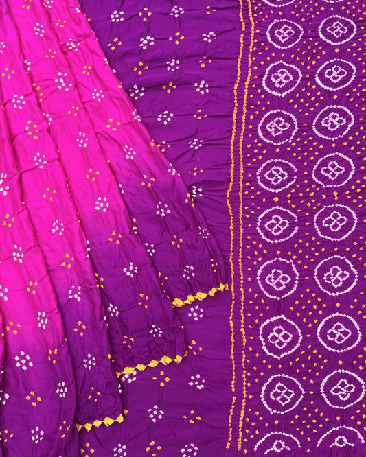 Purple & Pink Gajji Silk Bandhani Saree - SindhoiPatolaArt