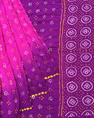 Purple & Pink Gajji Silk Bandhani Saree - SindhoiPatolaArt