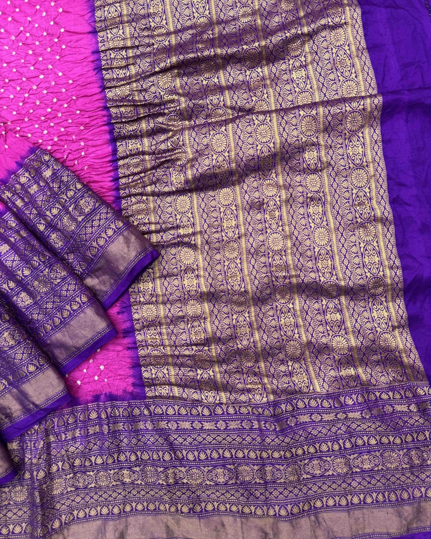 Purple & Pink Kanchipuram Bandhani Saree - SindhoiPatolaArt