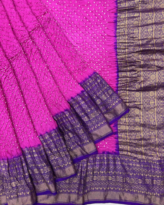 Purple & Pink Kanchipuram Bandhani Saree - SindhoiPatolaArt
