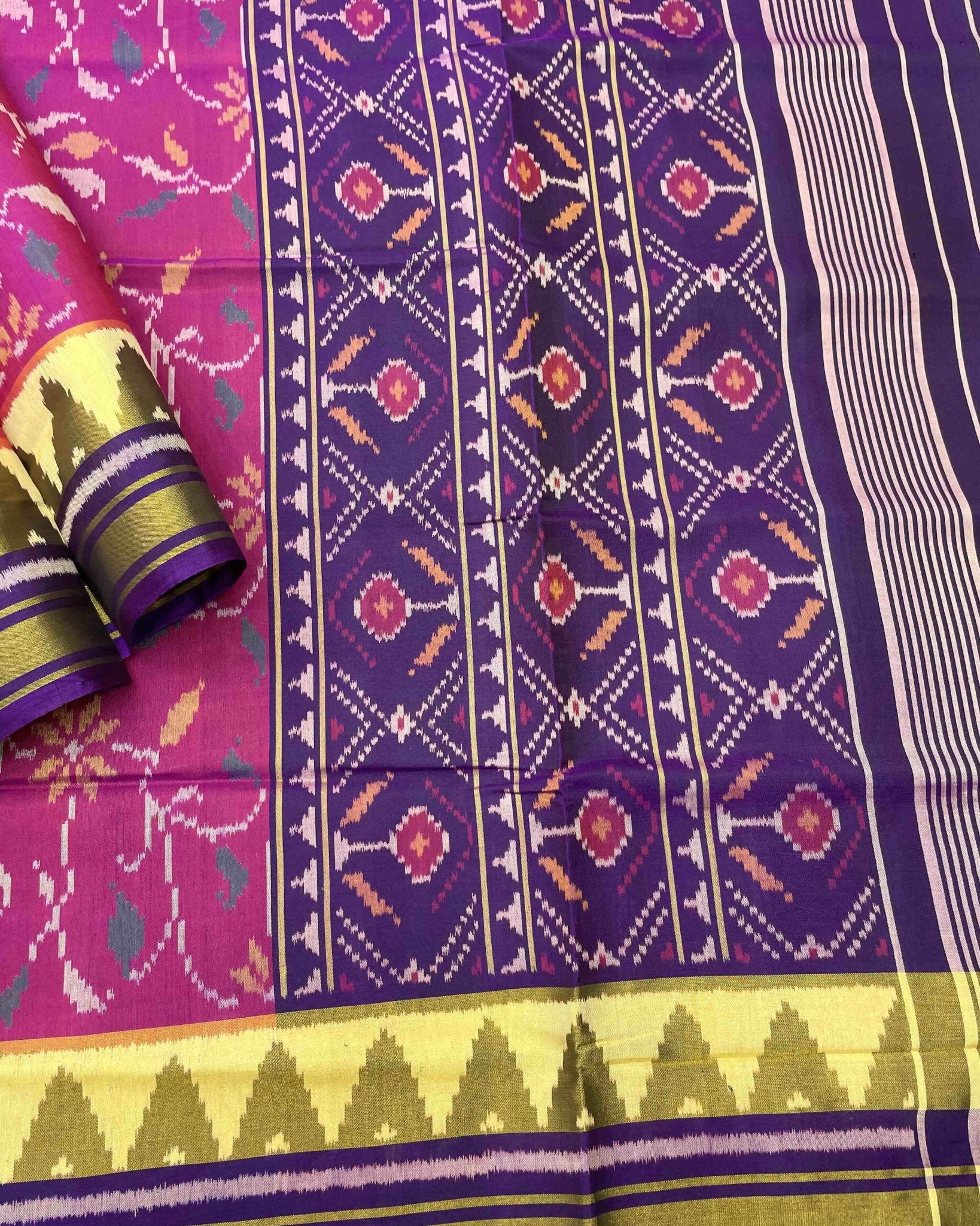 Purple & Pink Leaves Fancy Patola Saree - SindhoiPatolaArt