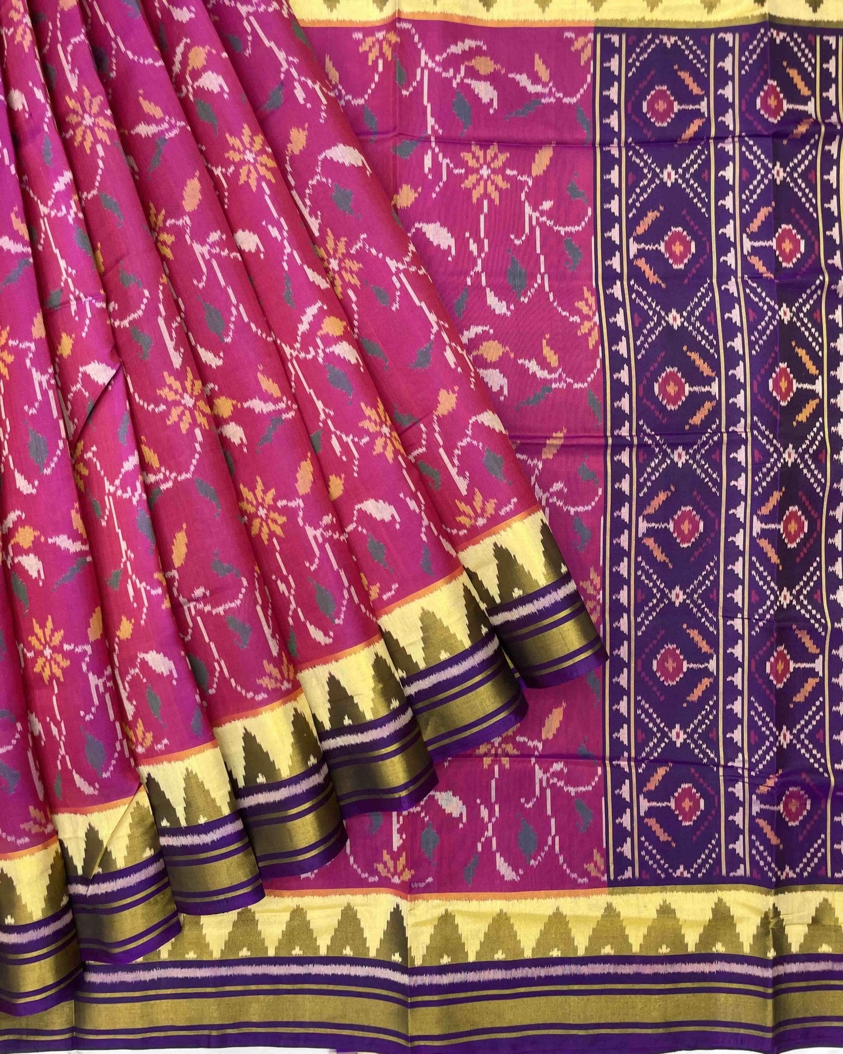 Purple & Pink Leaves Fancy Patola Saree - SindhoiPatolaArt
