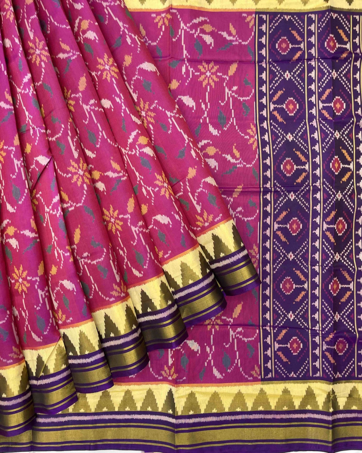 Purple & Pink Leaves Fancy Patola Saree - SindhoiPatolaArt