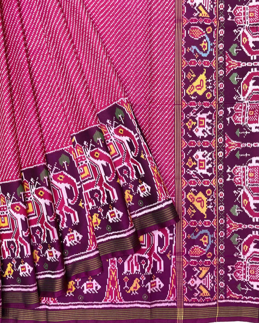 Purple & Pink Lining with Elephant Scut Border and Pallu Patola Saree - SindhoiPatolaArt