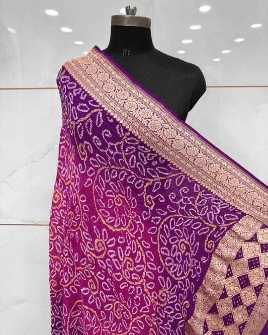 Purple & Pink Shaded Banarasi Neemzari Georgette Dupatta - SindhoiPatolaArt