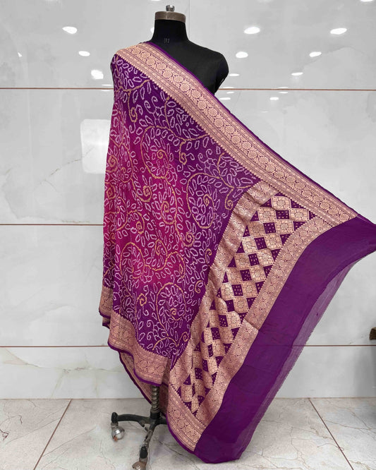Purple & Pink Shaded Banarasi Neemzari Georgette Dupatta - SindhoiPatolaArt