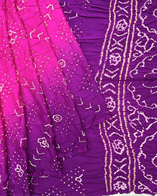 Purple & Pink Shaded Gajji Silk Bandhani Saree - SindhoiPatolaArt