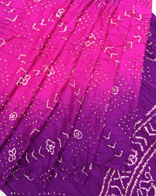Purple & Pink Shaded Gajji Silk Bandhani Saree - SindhoiPatolaArt