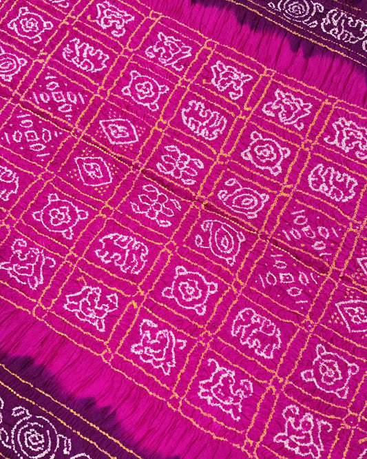 Purple & Pink with Chex Pallu Gajji Silk Bandhani Saree - SindhoiPatolaArt