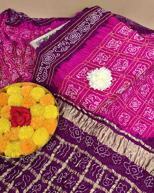 Purple & Pink with Chex Pallu Gajji Silk Bandhani Saree - SindhoiPatolaArt