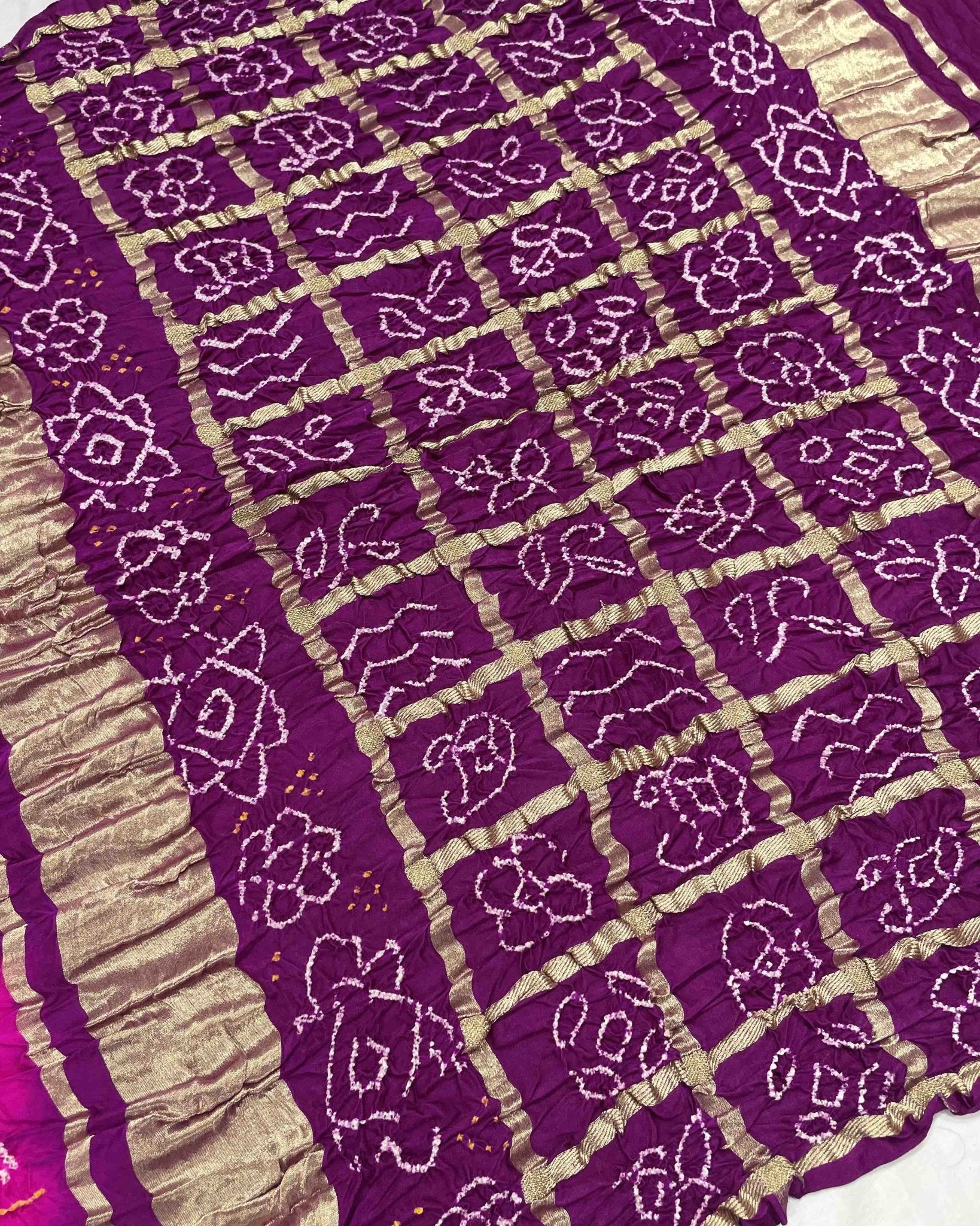 Purple & Pink with Chex Pallu Gajji Silk Bandhani Saree - SindhoiPatolaArt