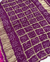 Purple & Pink with Chex Pallu Gajji Silk Bandhani Saree - SindhoiPatolaArt