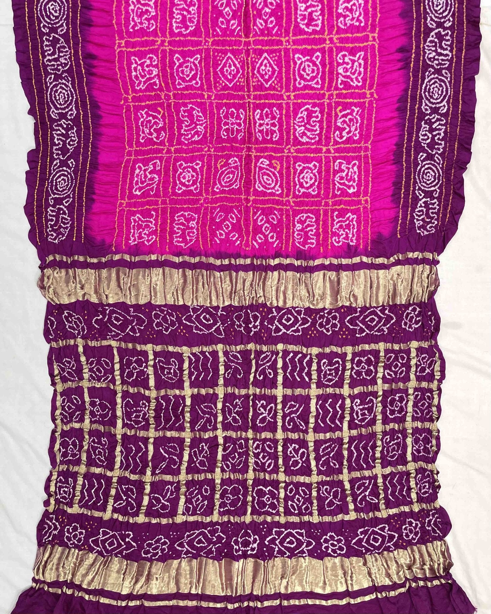 Purple & Pink with Chex Pallu Gajji Silk Bandhani Saree - SindhoiPatolaArt