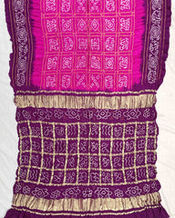 Purple & Pink with Chex Pallu Gajji Silk Bandhani Saree - SindhoiPatolaArt