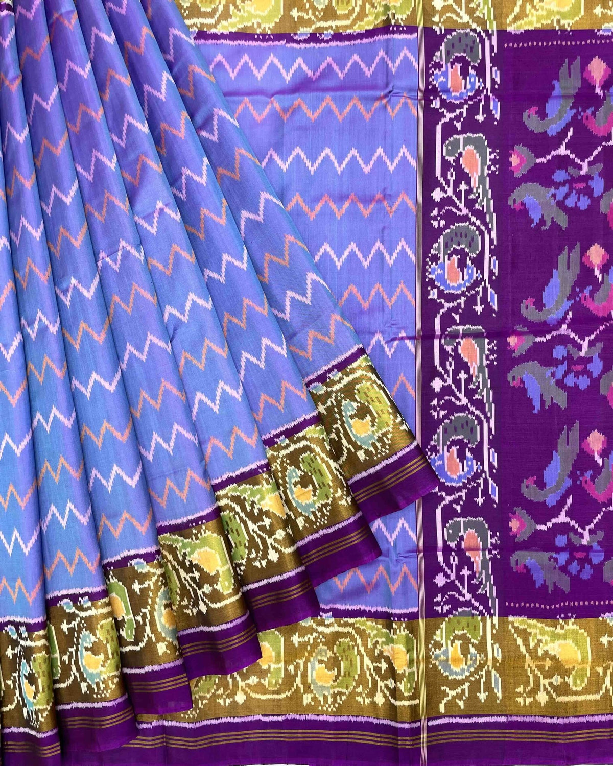 Purple & Purplish Blue Zig Zag Lining Patola Saree - SindhoiPatolaArt