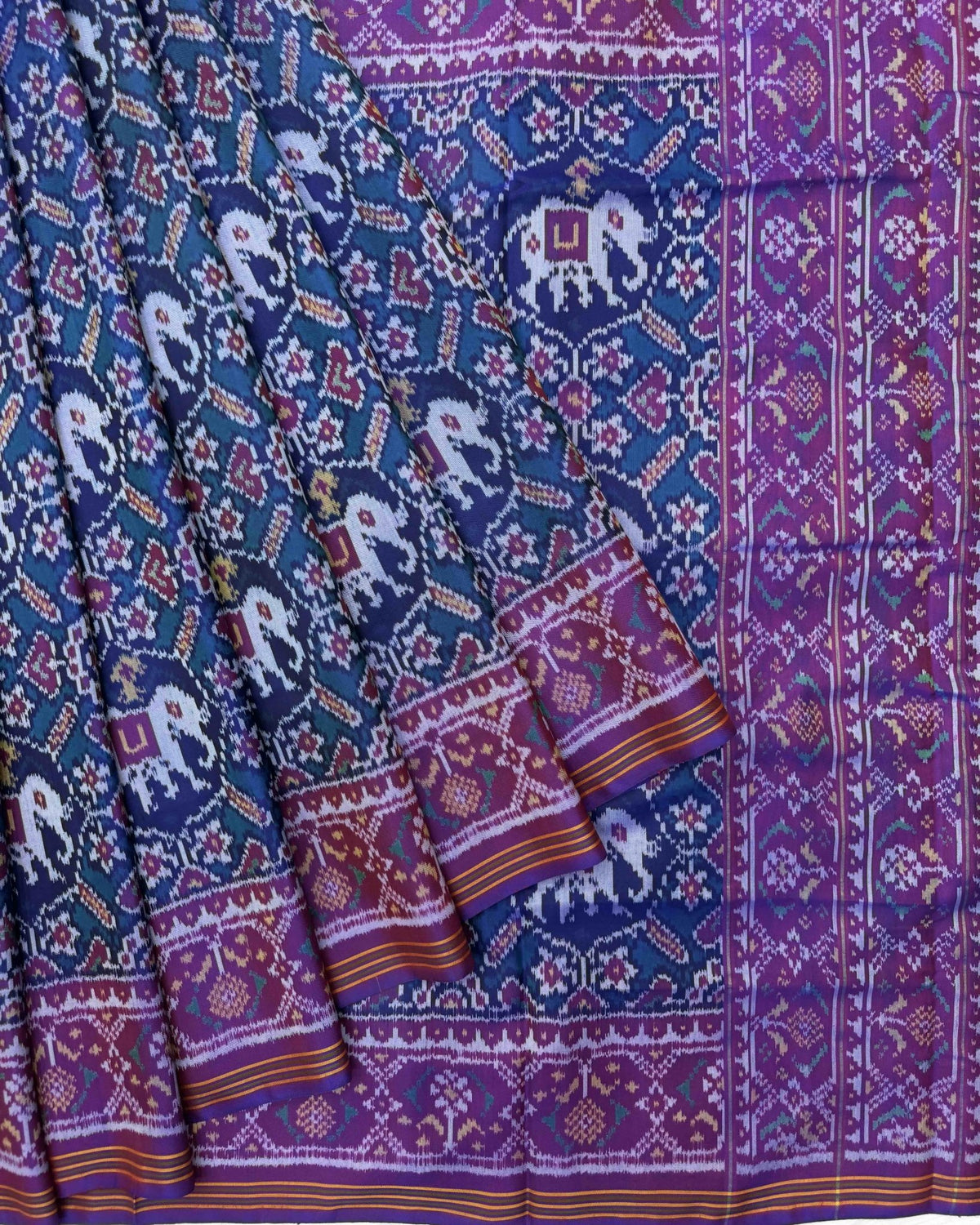 Purple & Rama Blue Manekchowk Elephant Semi Double Ikat Patola Saree ...