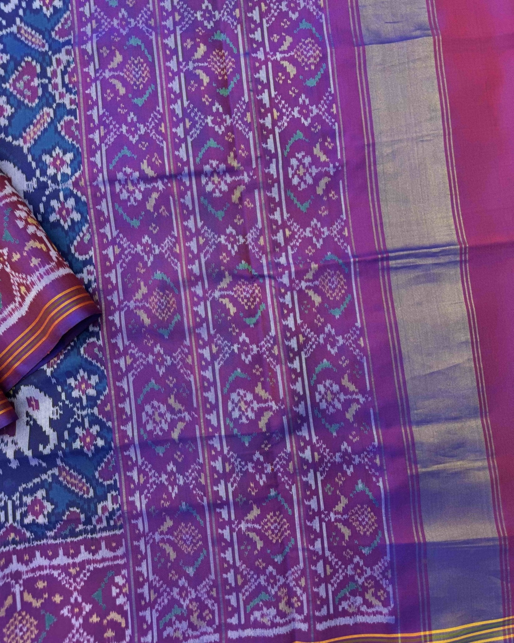 Purple & Rama Blue Manekchowk Elephant Semi Double Ikat Patola Saree ...
