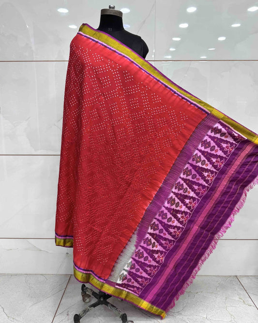 Purple & Red Bandhani Patola Dupatta - SindhoiPatolaArt