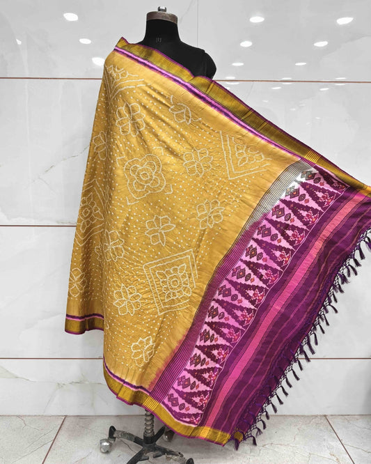 Purple & Rust Yellow Bandhani Patola Dupatta - SindhoiPatolaArt