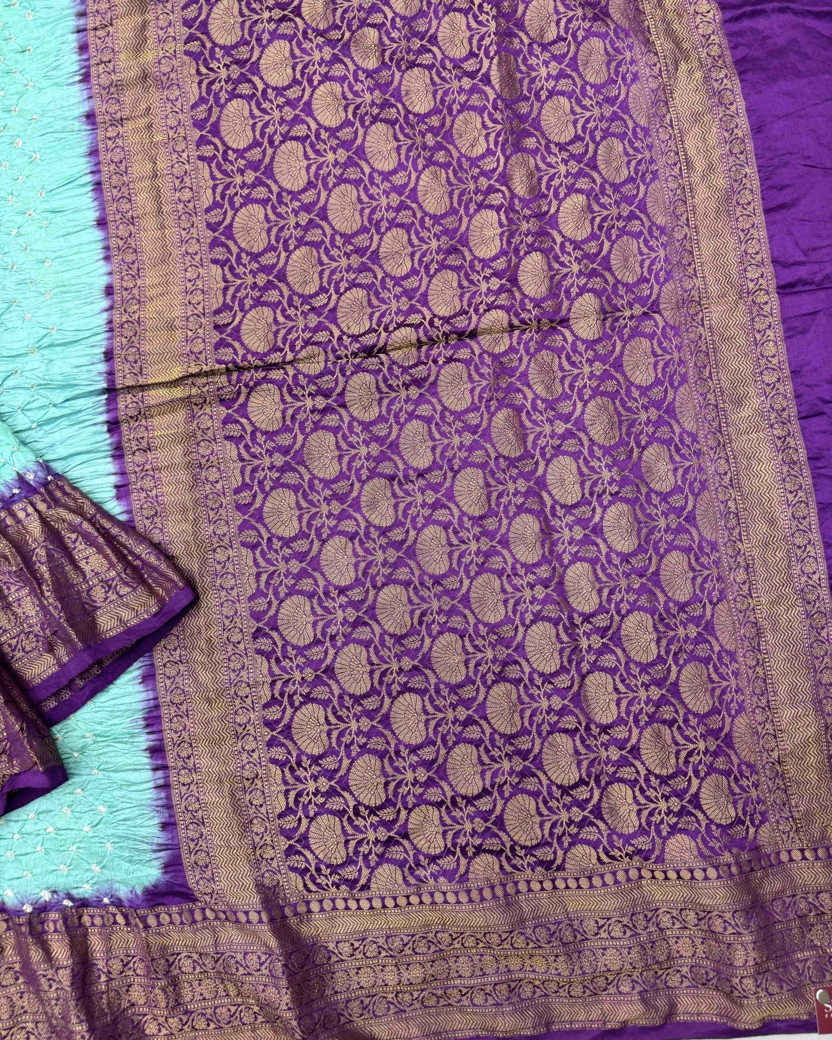 Purple & Sky Blue Kanchipuram Bandhani Saree - SindhoiPatolaArt
