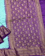 Purple & Sky Blue Kanchipuram Bandhani Saree - SindhoiPatolaArt