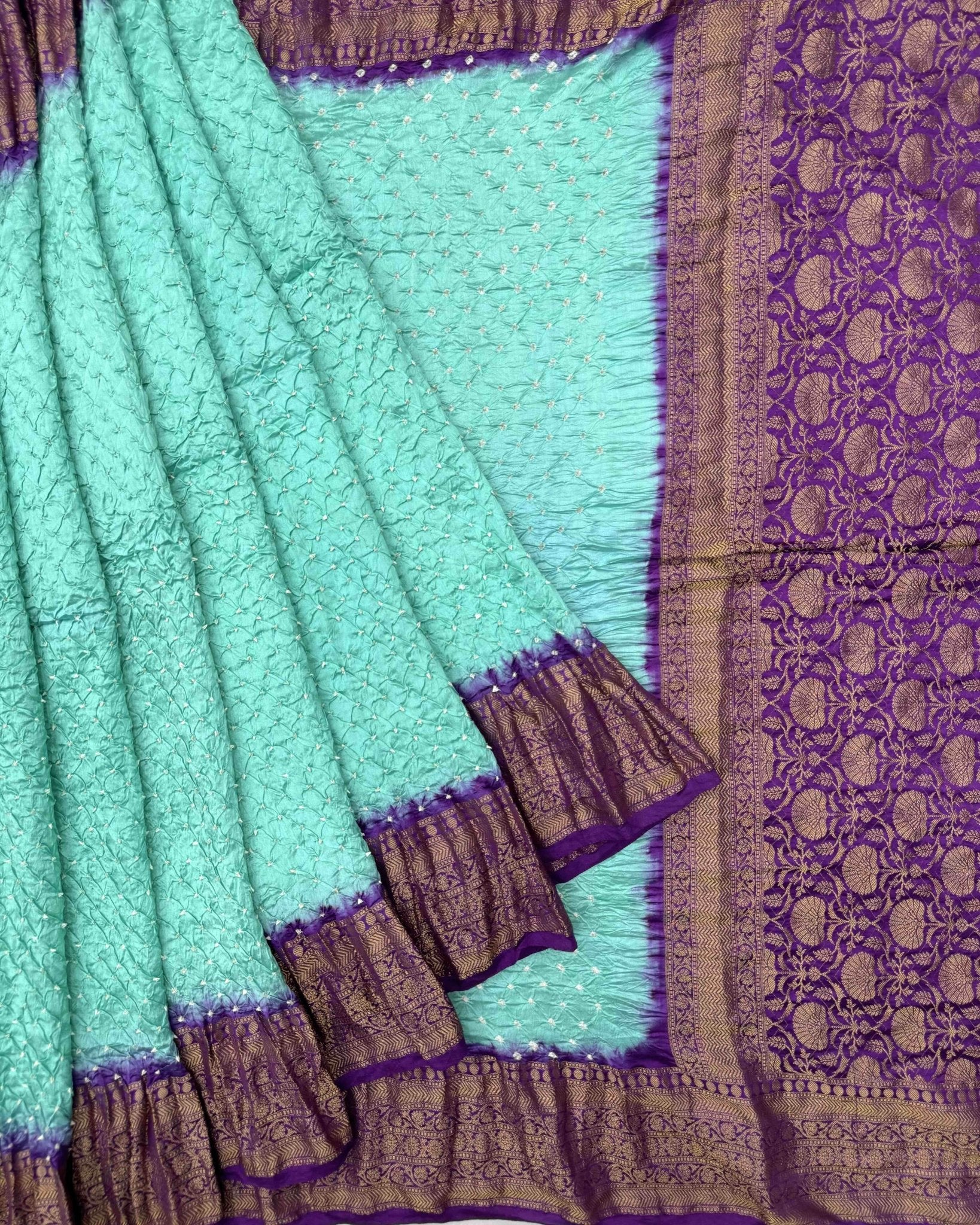 Purple & Sky Blue Kanchipuram Bandhani Saree - SindhoiPatolaArt