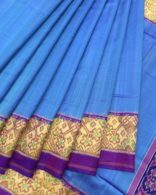 Purple & Sky Blue Plain Patola Saree - SindhoiPatolaArt