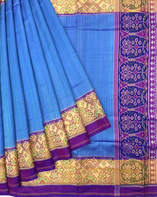 Purple & Sky Blue Plain Patola Saree - SindhoiPatolaArt