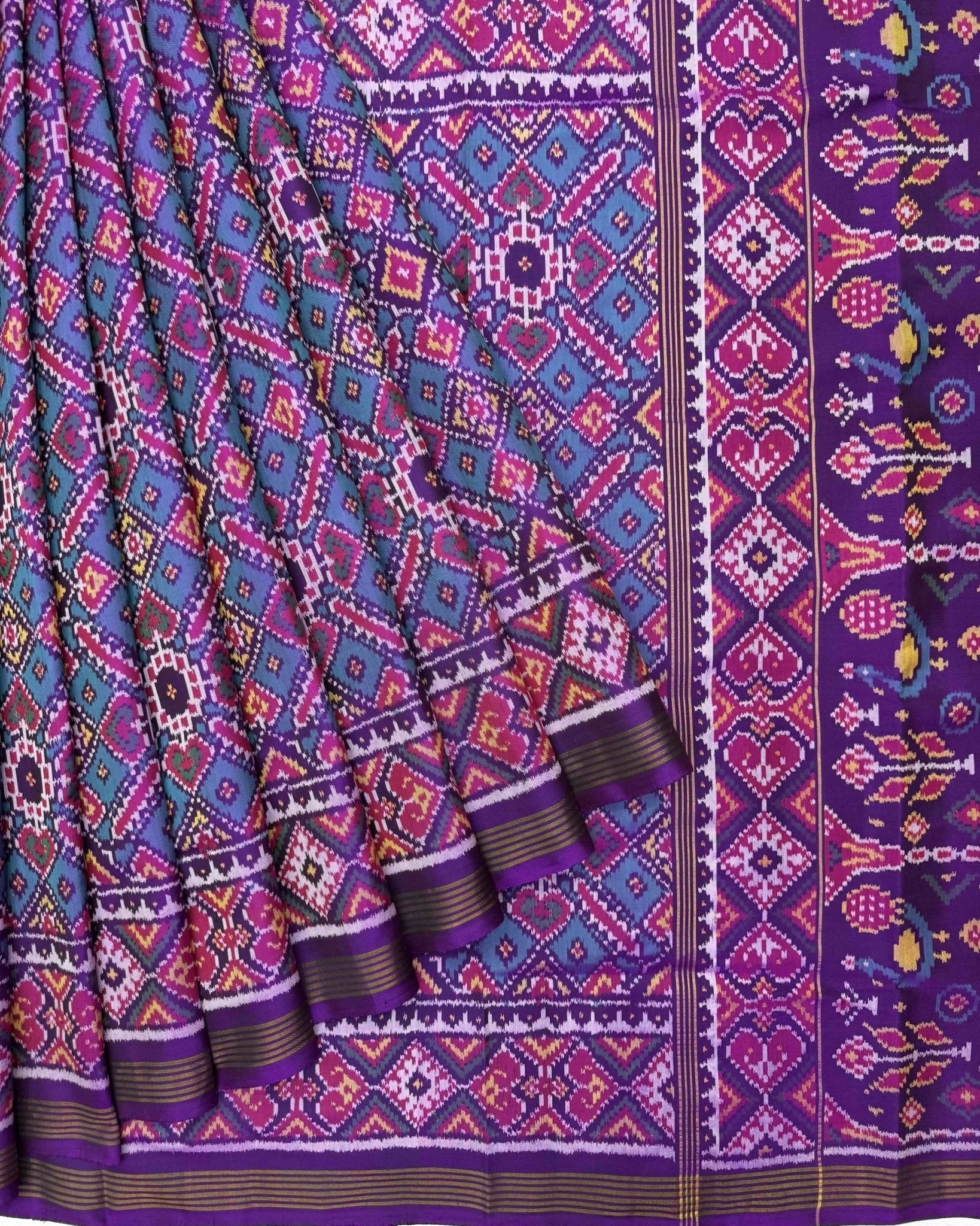 Purple & Turquoise Manekchowk Semi Double Ikat Patola Saree - SindhoiPatolaArt
