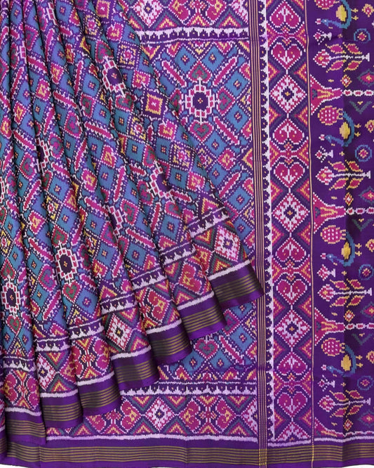 Purple & Turquoise Manekchowk Semi Double Ikat Patola Saree - SindhoiPatolaArt