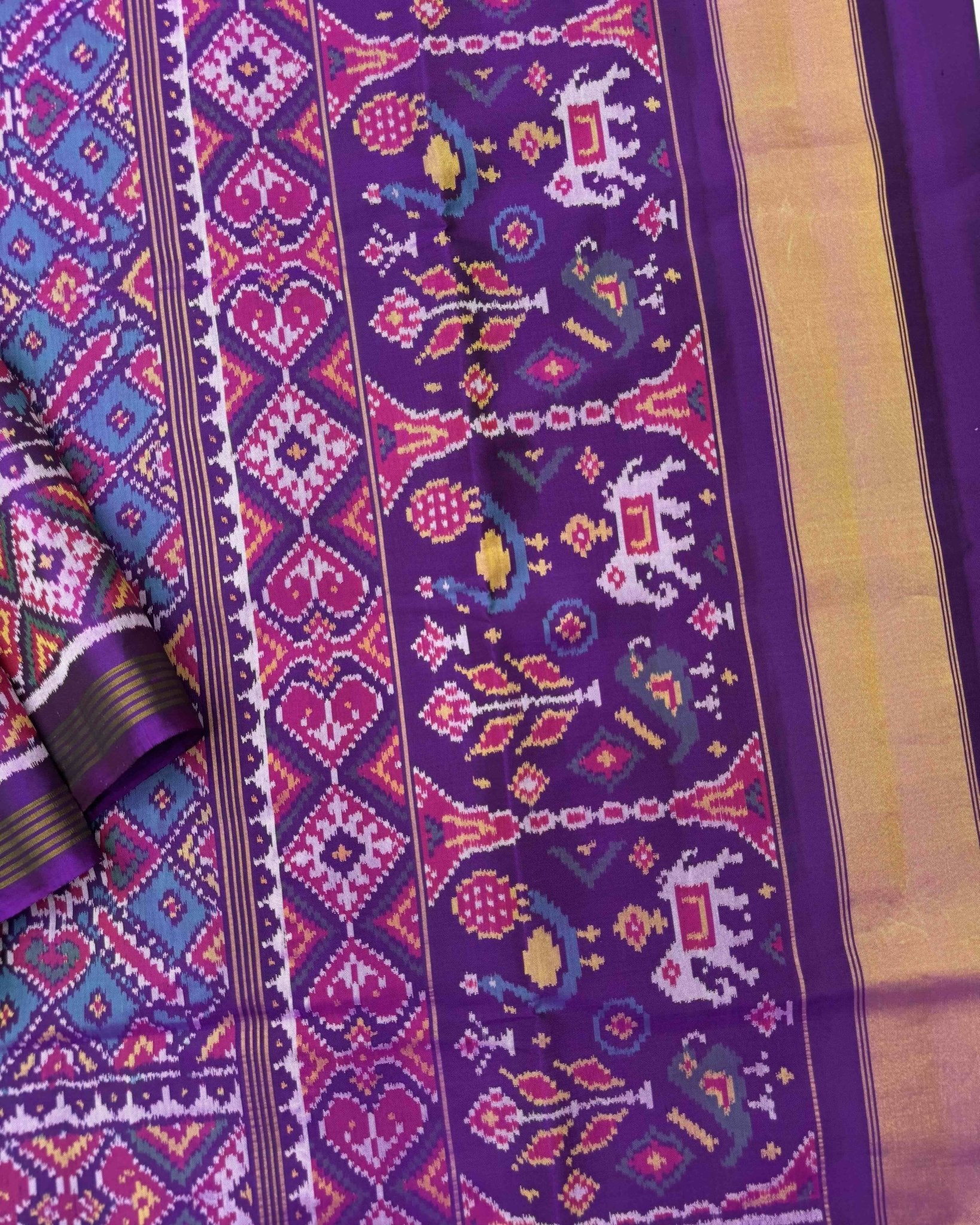 Purple & Turquoise Manekchowk Semi Double Ikat Patola Saree - SindhoiPatolaArt