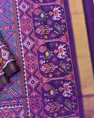 Purple & Turquoise Manekchowk Semi Double Ikat Patola Saree - SindhoiPatolaArt